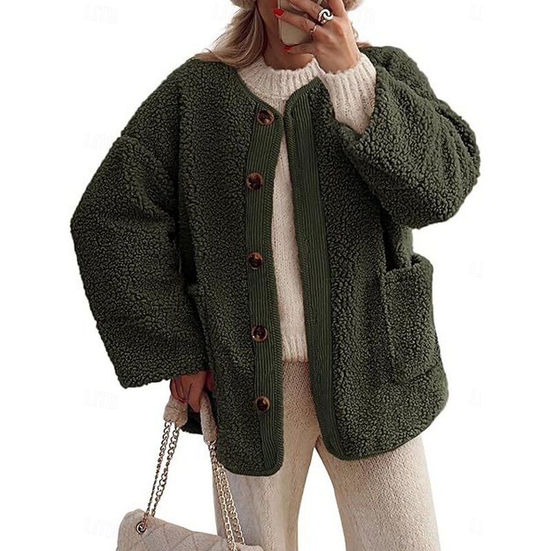 Women's Winter Coat Teddy Coat Comfortable Breathable Pocket Buttons Casual Plain Vacation Street Casual Daily Wear Single Breasted Regular Turndown Loose Fit Long Sleeve Outerwear Black Wine Brown4