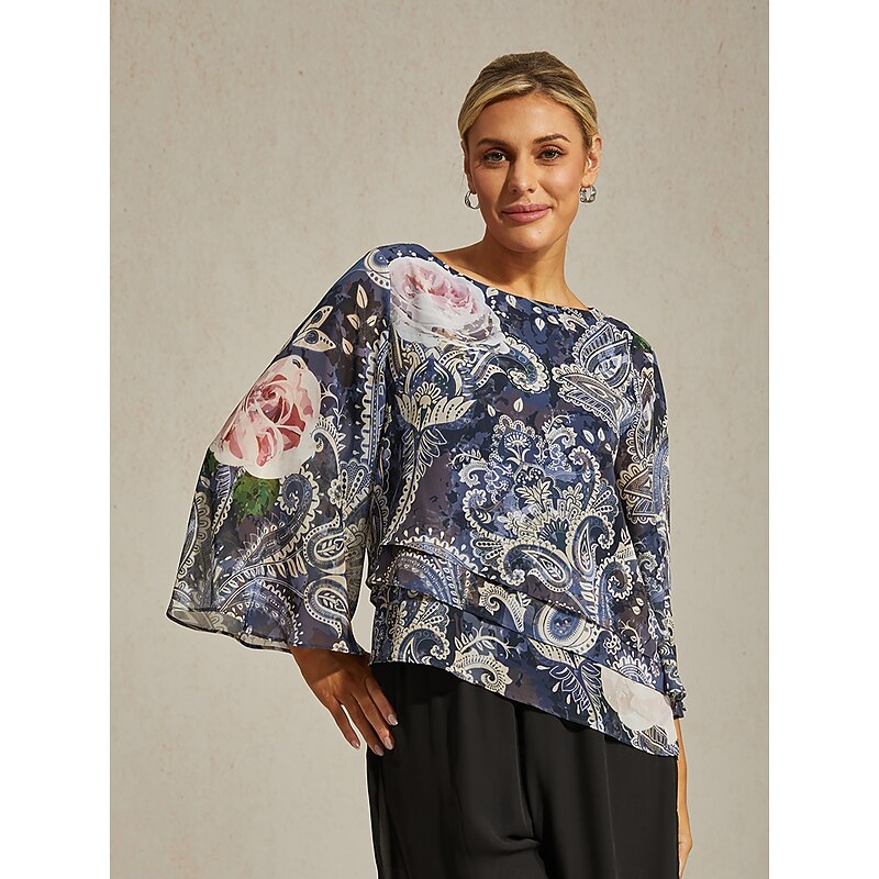 Women's Blouse Green Paisley Botanical Print Layered Chiffon Resort Casual Vacation Spring Summer Fall