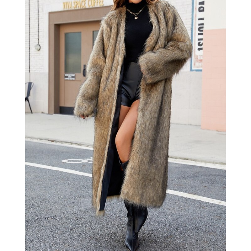 Women's Coat Faux Fur Coat Warm Comfortable Furs & Leathers Fashion Plain Vacation Street Daily Wear Going out Long V Neck Regular Fit Long Sleeve Outerwear Khaki Fall Winter2