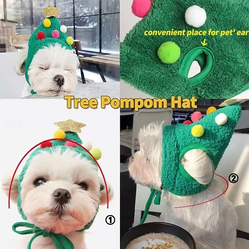 Christmas Tree Pom-Pom Hat & Bandana for Pets Dog Cat Xmas Costume Set with Scarf Bib, Adorable Holiday Outfit for Small Dogs Puppy Teddy French Bulldog Pomeranian3