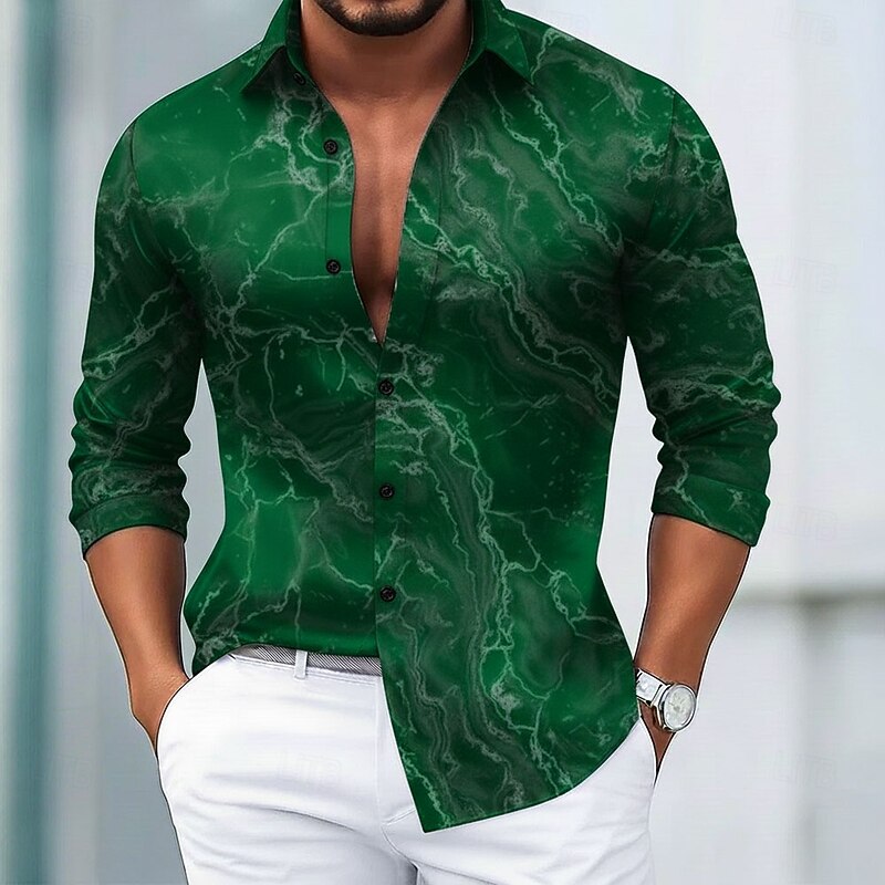 Men's Geometric Pattern Marble Abstract Liquid Art Shirt Satin Shirt Dress Shirt Long Sleeve Vintage Retro Vacation Dailywear Summer Spring Fall Turndown 3D Print Button Up Shirts Blue Green Gray2