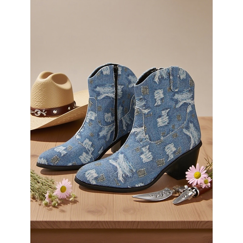 Women's Distressed Denim Blue Ankle Boots – Western Cowboy Chunky Heel Fashion Shoes for Rodeo, Festivals and Casual Outfits2