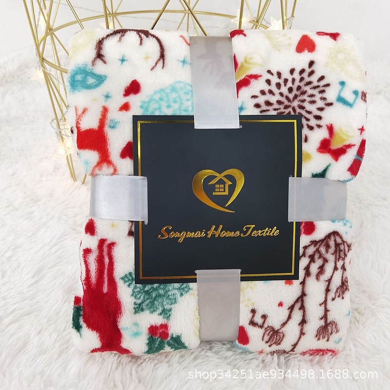 Christmas Flannel Blanket, Double-Sided Printed Throw with Pom Poms, Autumn Winter Cozy Blanket for Home, Cross-Border Blanket4