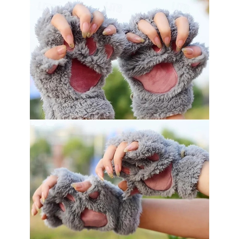 Women's Plush Paw Gloves – Cute Furry Cat Claw Mittens, Soft Winter Warm Fingerless Gloves for Cosplay, Halloween and Daily Wear4