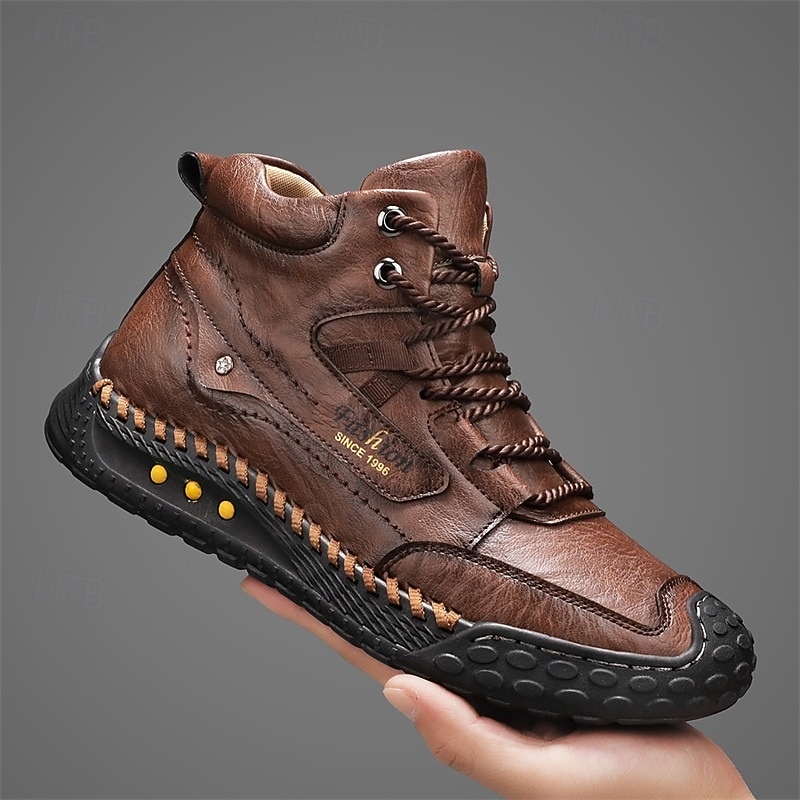 Men's Brown High Top Casual Boots with Lace-Up Design, Soft Comfortable Sole, Durable Outdoor Walking Shoes for Autumn, Winter and Daily Wear2