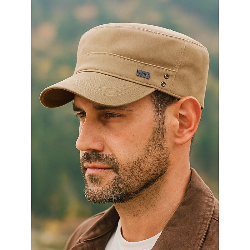 Men's Cotton Military Cadet Cap with Adjustable Strap, Casual Flat Top Army Hat for Outdoor Sports, Travel and Daily Wear