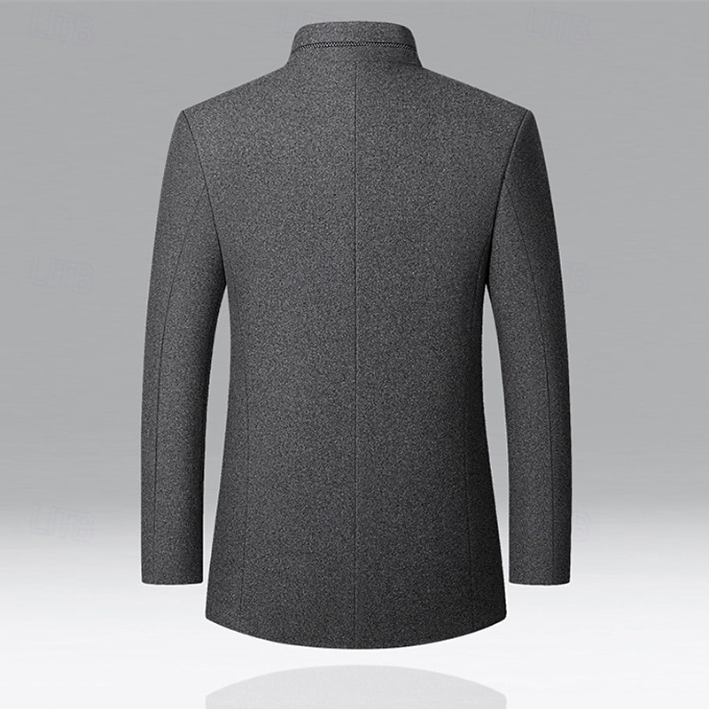 Men's Peacoat Trench Coat Vacation Daily Fall Winter Polyester Windproof Outerwear Clothing Apparel Fashion Classic Plain Pocket Stand Collar Single Breasted2