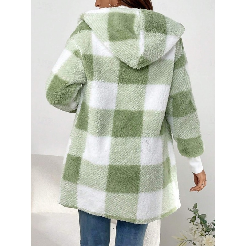 Women's Fleece Jacket Sherpa Jacket Comfortable Breathable Print Open Front Casual Plaid Vacation Street Casual Daily Wear Open Front Long Turndown Regular Fit Long Sleeve Outerwear Yellow Blue Green2