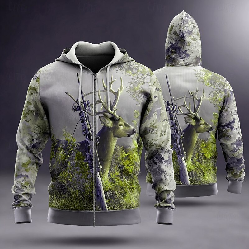 Men's Camo Deer Hoodie Jacket Sweatshirt Fashion Daily Hooded Vacation Hunting Brown Green Drawstring Zipper Fall Winter Designer2