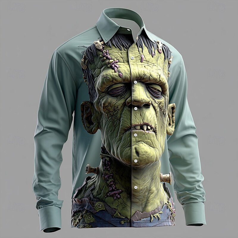 Halloween Men's Zombies Horror Shirt Button Up Shirt Long Sleeve Dark Gothic Style Holiday Streetwear Spring Fall Turndown 3D Print Collared Shirts Blue 1# Blue