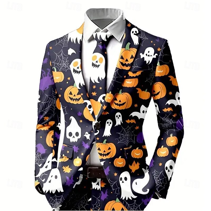 Men's Pumpkin Bat Blazer Jacket Coat Comfortable Breathable Artistic Casual Party Daily Festival 3D Print Buttons Multi Pocket Fall & Winter Notch Long Sleeve Black Orange4