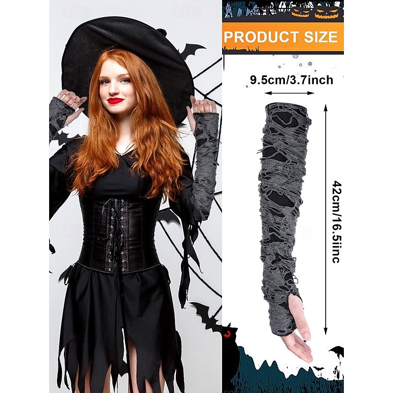Women's Halloween Distressed Arm Warmers – Gothic Ripped Long Fingerless Gloves for Costume Party, Witch Outfit and Cosplay4