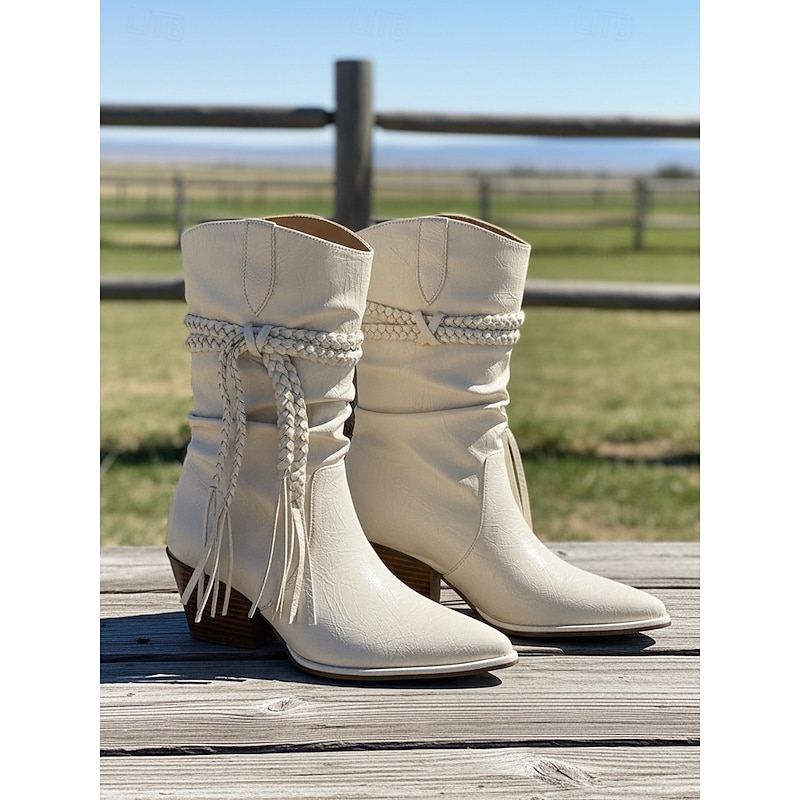 Women's Bohemian Suede Mid Calf Boots with Braided Tassel Design and Chunky Heel -Retro Western Style Casual Party and Festival Footwear4