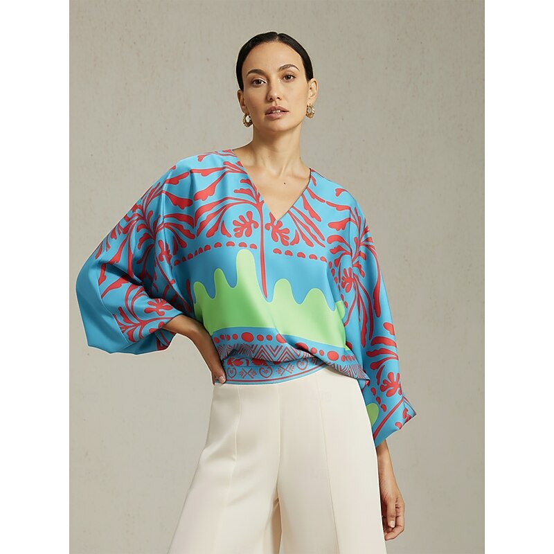 Women's Top Satin Sky Blue Floral Vacation Print Lantern Sleeve V Neck Spring Autumn Casual4