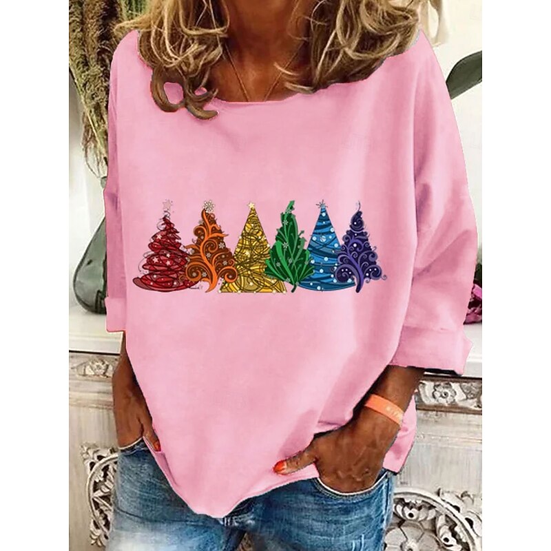 Christmas Women's T Shirt Graphic Christmas Tree Bohemia Vintage Fashion Long Sleeve Crew Neck Regular Tops Daily Weekend Print Black Pink Red Blue Green Spring Fall3