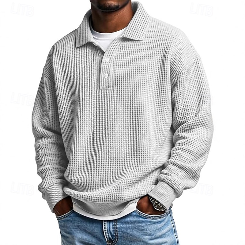 Men's Waffle Polo Shirts Polo Shirts Formal Business Ribbed Polo Collar Long Sleeve Fashion Solid Color Buttons Plain Fall Spring &  Fall Loose Fit Green Light Blue Purple Khaki Light Grey Dark Grey4