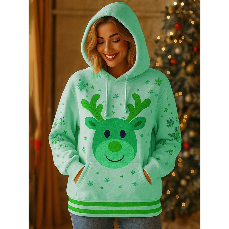 Women's Pullover Hoodie Sweatshirt Graphic Reindeer Casual Long Sleeve Hooded Regular Tops Party Evening Wear Street Dailywear Pink Blue Green Beige Spring Fall Winter4