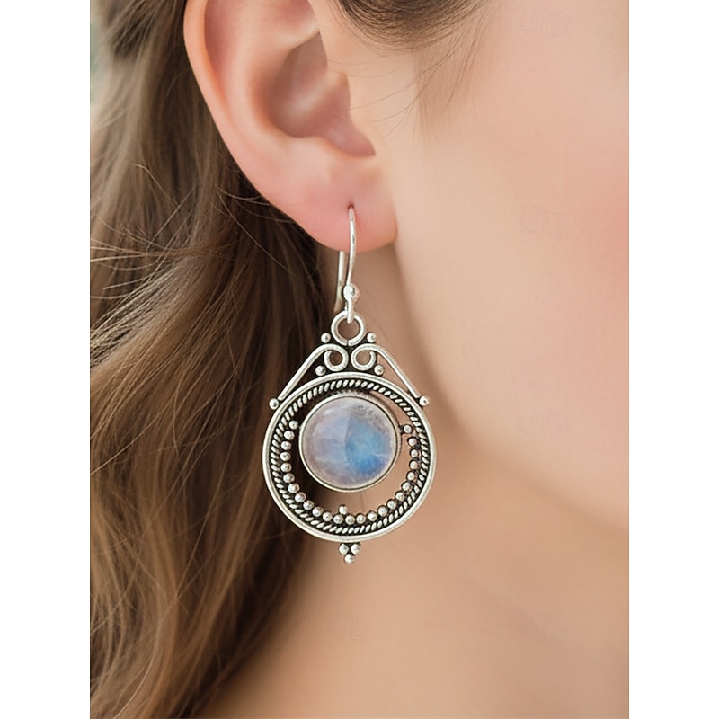 Women's Moonstone Dangle Earrings with Vintage Silver Design, Elegant Boho Jewelry for Parties, Weddings and Daily Wear2