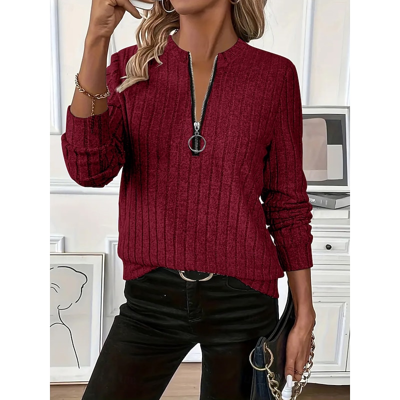 Women's Pullover Sweatshirt Plain Casual Long Sleeve V Neck Regular Tops Street Dailywear Zipper Black White Red Blue Green Fall Winter4