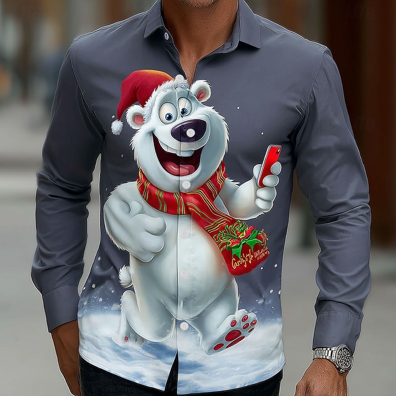Christmas Men's Bear Snowman Christmas Gift Shirt Button Up Shirt Long Sleeve Funny Outdoor Holiday Spring Fall Turndown 3D Print Collared Shirts Gray 2# Gray 1# Gray 3# Gray