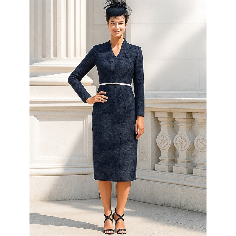 Sheath / Column Mother of the Bride Dress Elegant Vintage V Neck Tea Length Woolen Polyester Long Sleeve with Sash / Ribbon