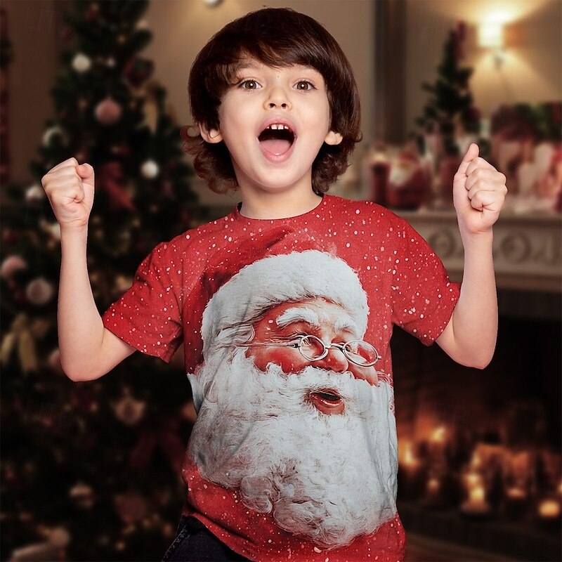 Christmas Boys' 3D Santa Claus T shirt Tee Short Sleeve Summer Spring Fashion Basic Kids 4-12 Years Crew Neck Outdoor Casual Daily Regular Fit4