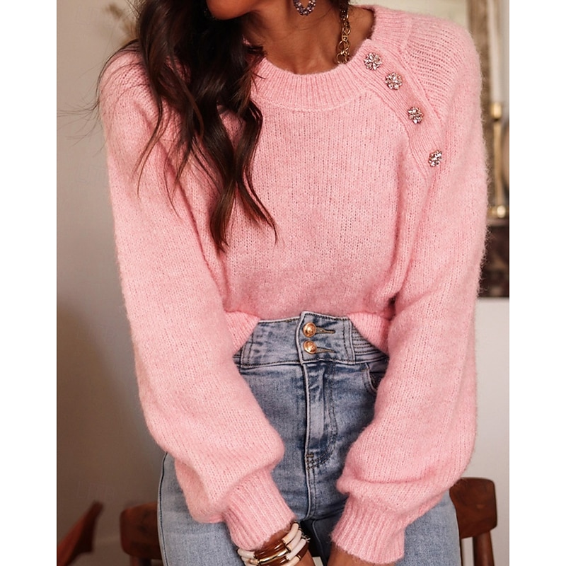 Women's Sweater Pullover Streetwear Casual Solid Color Crew Neck Buttons Knitted Long Sleeve Regular Tops Knit Holiday Going out Weekend Pink Fall Winter3