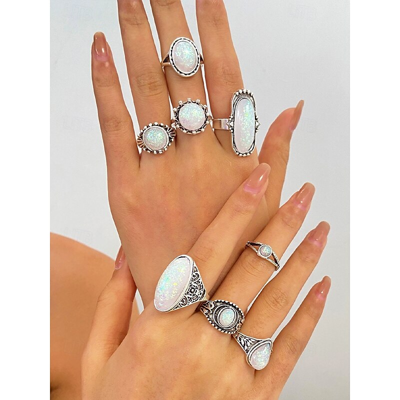 Women's Vintage Opal Ring Set, Bohemian Silver-Plated Adjustable Rings Jewelry for Parties, Weddings and Daily Wear2