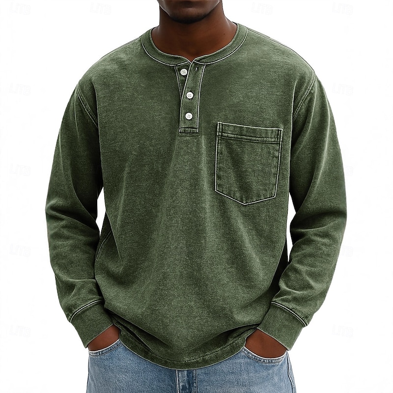 Men's Henley Shirt Vintage Shirt T shirt Tee Long Sleeve Vintage Solid Retro Vintage Casual Vintage Style Washed Henley Casual Spring Fall All Seasons Black Pink Gray Henley T-Shirt