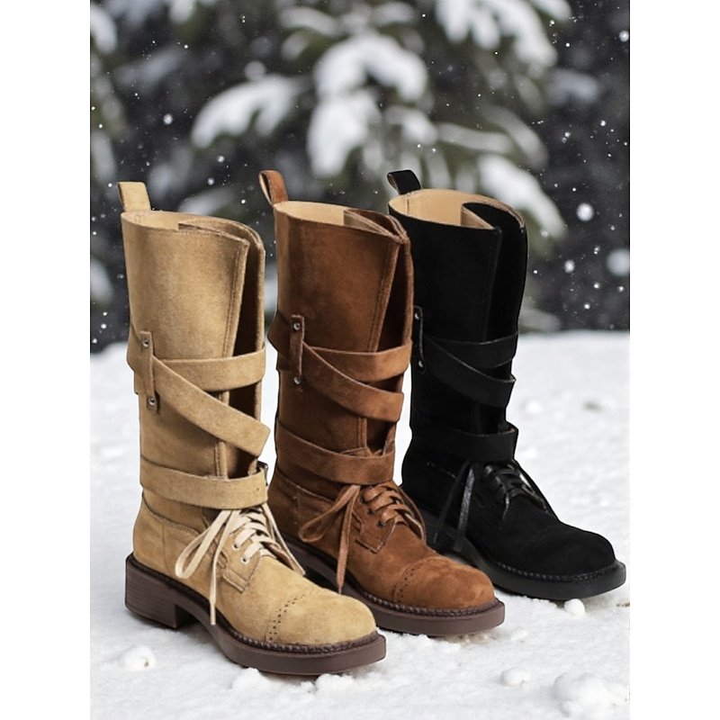 Women's Brown Suede Military Style Ankle Boots with Buckle Straps and Lace-Up Closure for Casual and Outdoor Activities