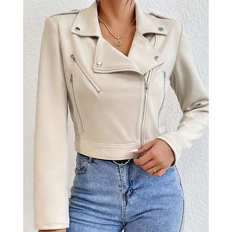 Women's Faux Leather Jacket Comfortable Zipper Pocket Casual Plain Outdoor Street Daily Wear Going out Short Turndown Regular Fit Long Sleeve Outerwear Khaki Apricot Fall Winter4