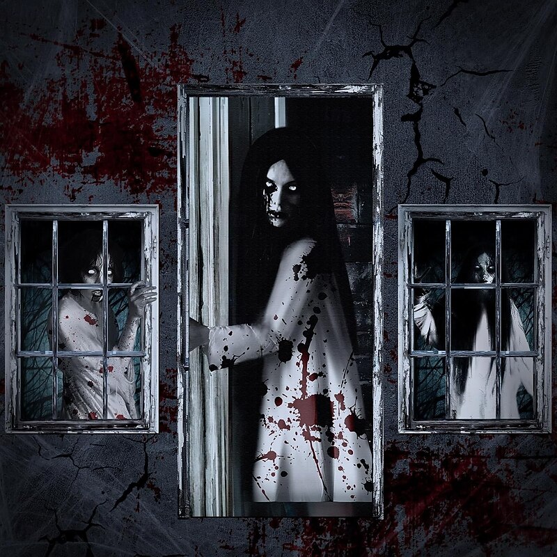 Halloween Door Covers Black And White Female Ghost Horror Door Tapestry Curtain Creepy Scary Door Banner For Front Door Haunted House Indoor Outdoor Party Decoration