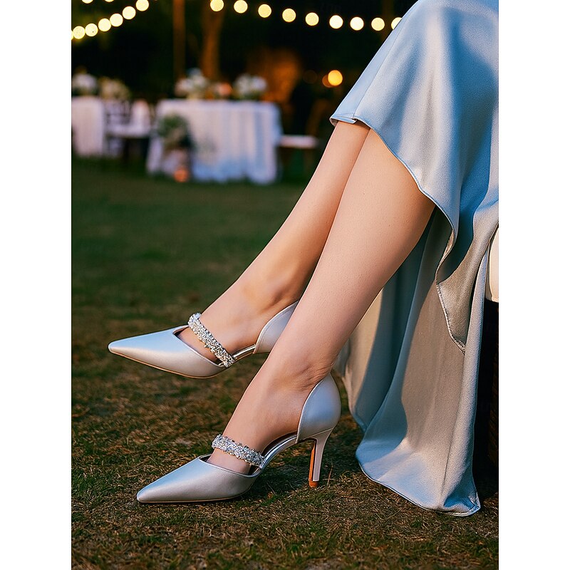 Women's Teal Satin Stiletto Heels with Crystal Strap - Elegant Pointed Toe Pumps for Formal Occasions and Cocktail Parties3