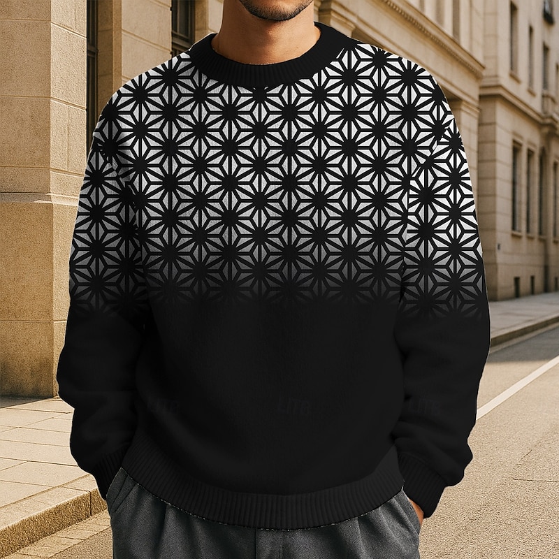 Men's Geometric Pullover Sweater Jumper Knitwear Crewneck Casual Vacation Daily 3D Print Knitting Keep Warm Long Sleeve Spring Fall Winter Black White Blue3