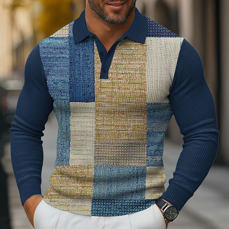 Men's Color Block Waffle Polo Shirts Long Sleeve Polo Shirts Collared Shirts Business Casual Business Wear to work Daily Wear 3D Print Buttons Spring Fall Winter Blue 1 Blue 3# Blue 2#