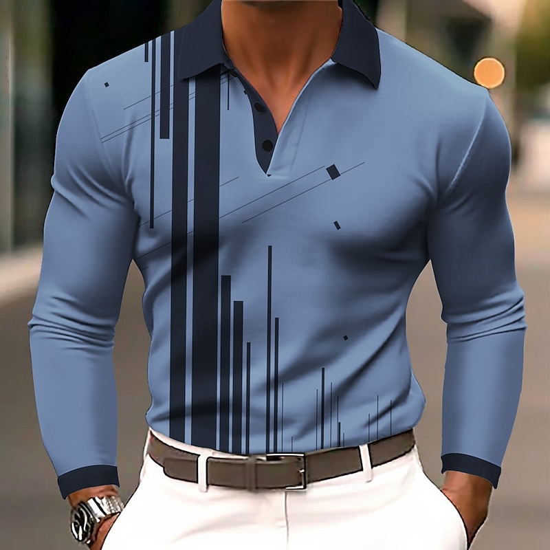 Men's Geometic Polo Long Sleeve Polo Shirts Lapel Business Casual Athleisure Daily Wear 3D Print Buttons Spring Fall Winter White Blue Green3