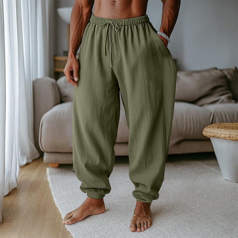 Men's Linen Pants Trousers Summer Pants Baggy Pants Harem Pants Drawstring Elastic Waist Plain Comfort Breathable Full Length Outdoor Casual Holiday Vacation Fashion Black Green