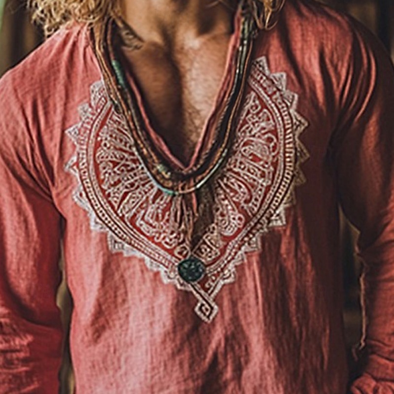 Men's Linen Shirt Summer Shirt Vintage Shirt Ethnic Shirt Long Sleeve Shirt Embroidered Vacation Street Red Long Sleeve V Neck Summer Spring Clothing Apparel Medieval Knight2