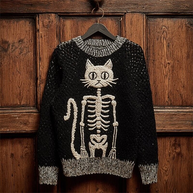 Women's Sweater Vintage Sweater Daily Casual Skeleton Ribbed Crew Neck Knitted Print Long Sleeve Regular Tops Knit Outdoor Halloween Weekend Black Fall Winter2