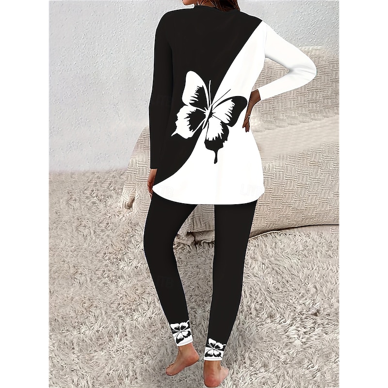 Women's Elegant Vacation Fashion T Shirt Pants Sets Long Sleeve Crew Neck Round Neck Graphic Butterfly Print Casual Daily Casual Daily White Blue Spring Regular Fit3