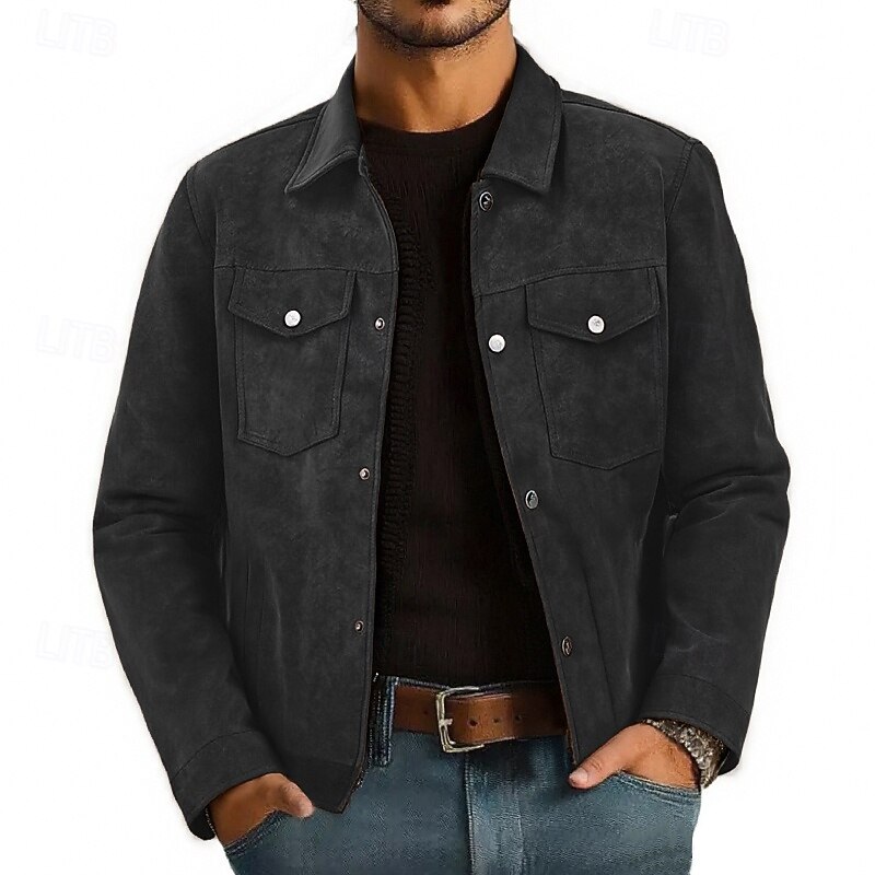 Men's Faux Suede Jacket Cargo Jacket Vacation Daily Wearproof Pocket Fall Winter Plain Fashion Classic Lapel Regular Black Brown Gray Jacket2