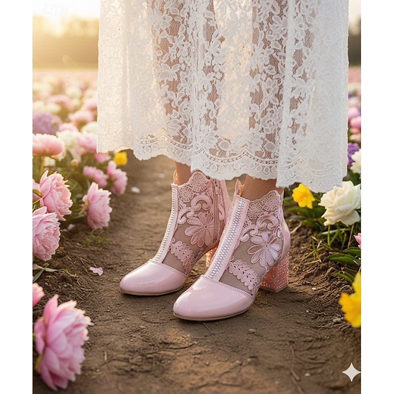 Women's Pink Lace Ankle Boots with Rhinestones Cute Floral Design Comfortable Dressy Shoes