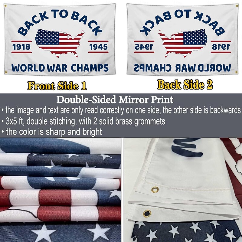 Back To Back World War Champs Flag, 1918-1945 USA World War Humor Banner For Patriotic Decor & Funny Historical Gags2