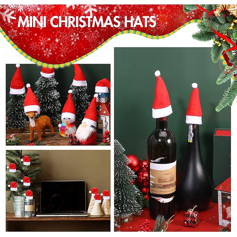 50 Pieces Christmas Mini Santa Hats for Crafts Small Santa Hats Mini Wine Bottle Holder White and Red Santa Hat Christmas Lollipops Cover Cap for Xmas Tree Party Table Doll Dinnerware Decoration4