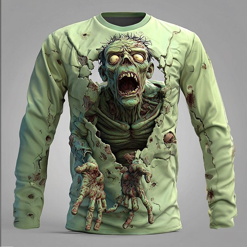 Halloween Men's Zombies 3D T Shirt Long Sleeve T shirt 3D Print Crew Neck Shirt Fashion Exaggerated Street Casual Daily Blue Purple Green Summer Spring Fall Clothing Apparel S M L XL XXL XXXL