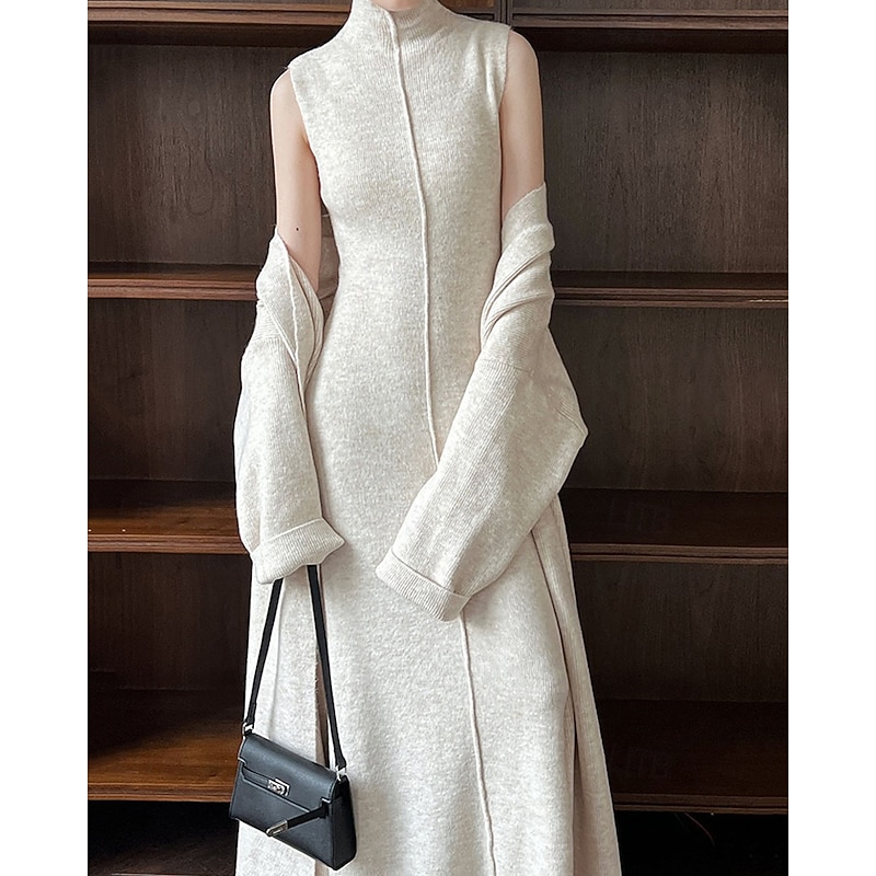 Women's Long Dress Maxi Dress Knit Dress Casual Dress Dress Set Elegant Fashion Modern Outdoor Daily Going out Regular Fit Plain Long Sleeve Stand Collar Beige Winter Autumn