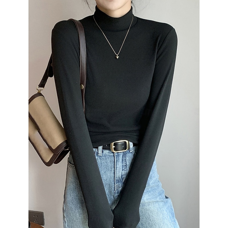 Women's Blouse Solid Color Elegant Stylish Basic Long Sleeve Turtleneck Regular Tops Daily Black White Yellow Red Purple Fall Winter