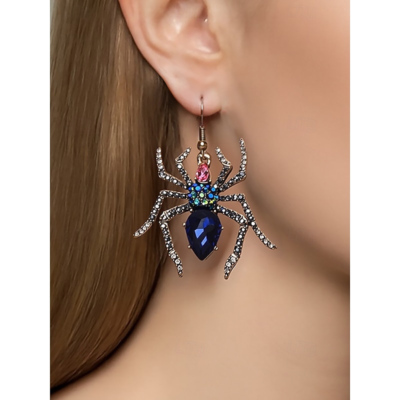 Women's Halloween Spider Drop Earrings with Rhinestone Crystal Detailing, Vintage Gothic Style Statement Jewelry for Parties and Cosplay