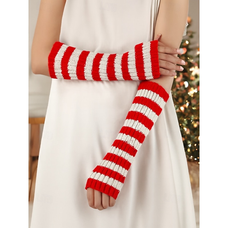 Women's Christmas Striped Fingerless Gloves - Soft Knit, Red & White Stripes, Perfect for Holiday Parties & Winter Festivities3