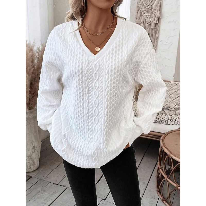 Women's Sweater Casual Soft Pure Color Ribbed V Neck Knitted Long Sleeve Regular Tops Knit Outdoor Daily Weekend White Fall Winter3